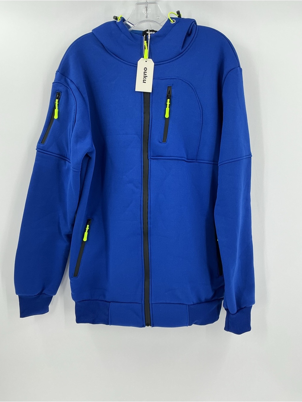 Ouku men's full zip fleece hoodie featuring neon yellow zipper pulls pockets.
